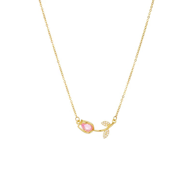 18K gold plated tulip necklace worn model UAE Jewelique