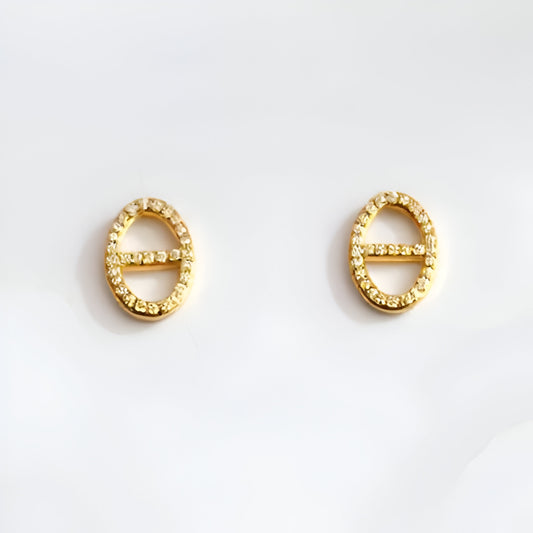 Gold earrings with circular design on a white background