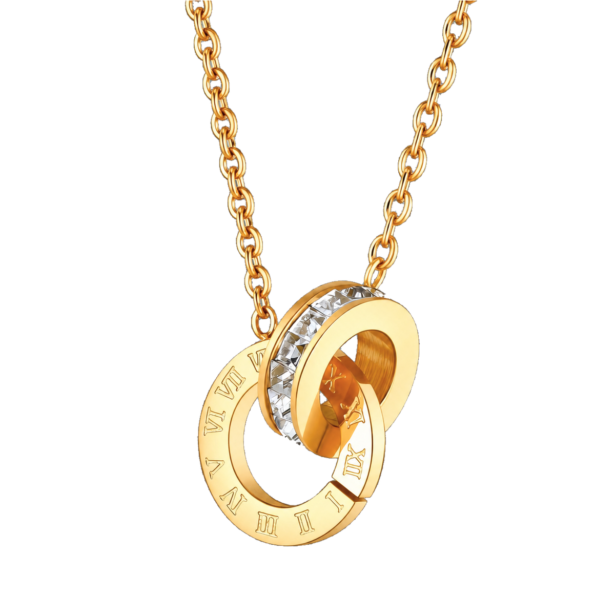 18K Gold Plated 2 Romanian Rings Necklace in gold — angle light | Jewelique UAE