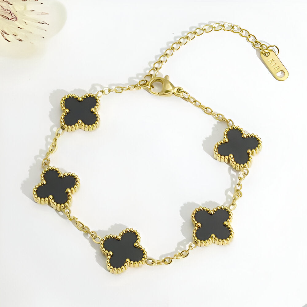 18K Gold Plated VC Bracelet in black — four leaf | Jewelique UAE