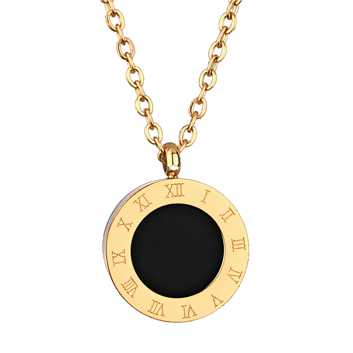 Romanian watch necklace in light gold on transparent background
